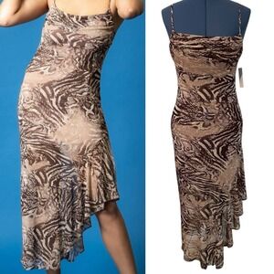 No Comment Brown Animal Print Mesh Asymm Ruffle Midi Bodycon Sheer Dress Y2K S